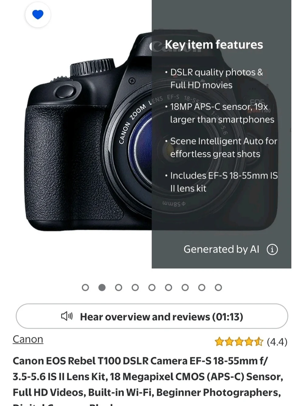 Canon EOS Rebel T100 DSLR Camera in Black with 18-55mm Lens